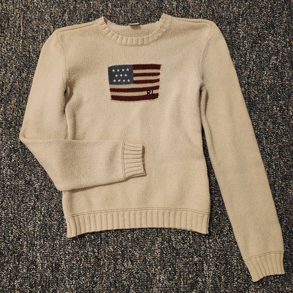 Polo Ralph Lauren Cream American Flag Cotton And Lambs Wool Sweater Size Small